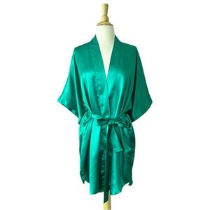 Vintage Jennifer Moore Satin Emerald Green Kimono Topper Robe, One Size